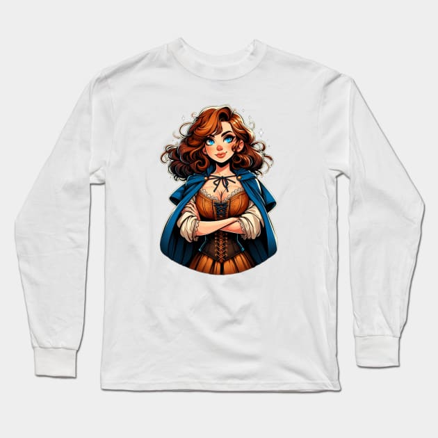 Red Haired Sorceress in a Blue Cloak - Fantasy Long Sleeve T-Shirt by Fenay-Designs